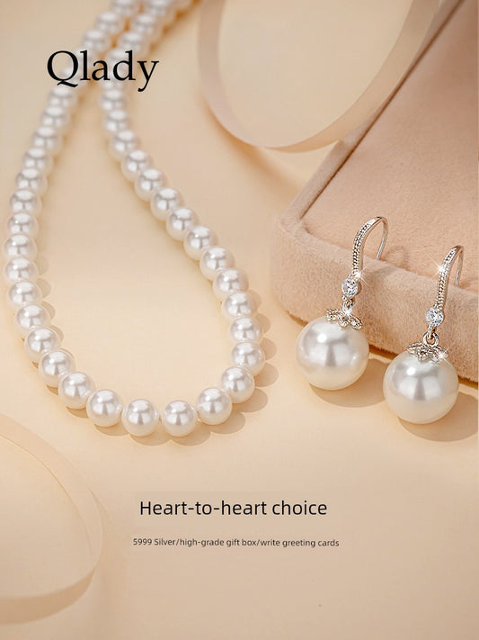 Adult Women Sterling Silver White Pearl Necklace-2 Hanging White Pearl Earrings Fine Imitation Jewelry Sets/Colors-White/Silver
