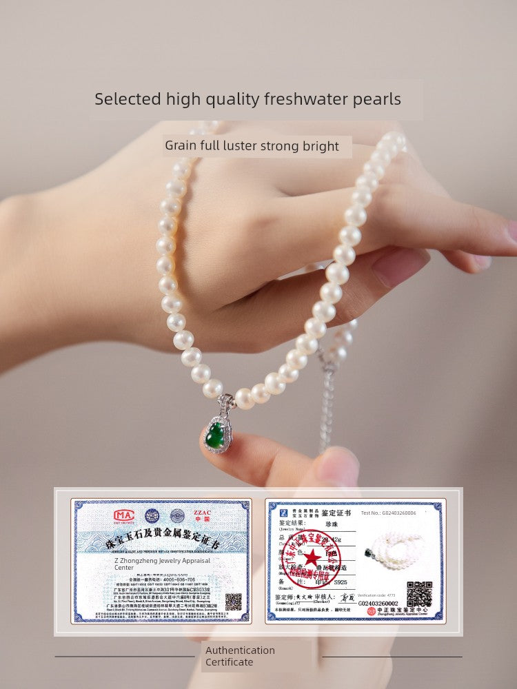MOUNTAIN RULER Adult Women Fine Imitation Sterling Silver Metal White Mother-Of-Pearl Beads-Natural Green Gourd Jade Pendant Clavicle Chain Necklaces