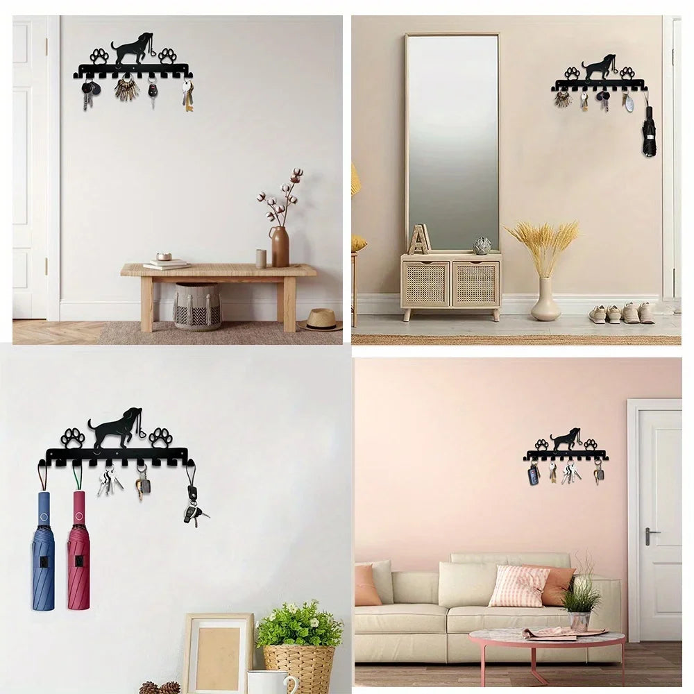 HELLOYOUNG Silhouette Of A Cute Black Dog Holding His Leash In His Mouth Metal Wall-Mounted Utility-Hooks/ Dimensions- Length 12. 6 cm/4.96 inches/Wide- 30 cm/11.81 inches