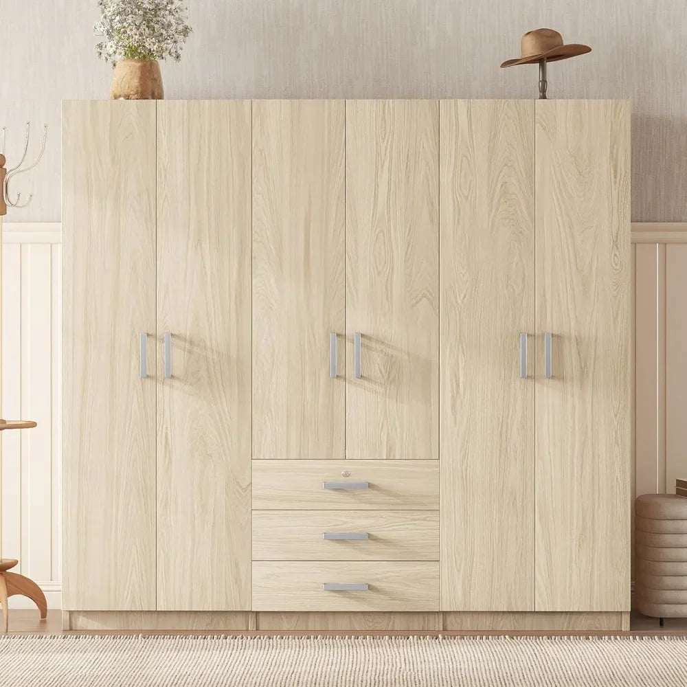 TONGYUE Modern Beige Large Six Doors Three Drawers MDF Wood Triple Wardrobes /Colors-Beige/Brown/White/Gray/ Dimensions: 19.2"D x 70.9"W x 68"H