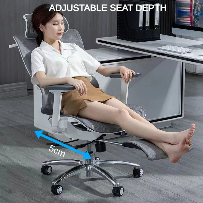 NULL Modern Ergonomic Gray-White-Black Full Mesh Movable Headrest-Backrest-Seat Adjustable Aluminum Metal Feet Four Plastic Black Wheels Rotatable  Liftable Reclining Low 3D Lumbar Support Footrest Gaming Computer Office Chairs