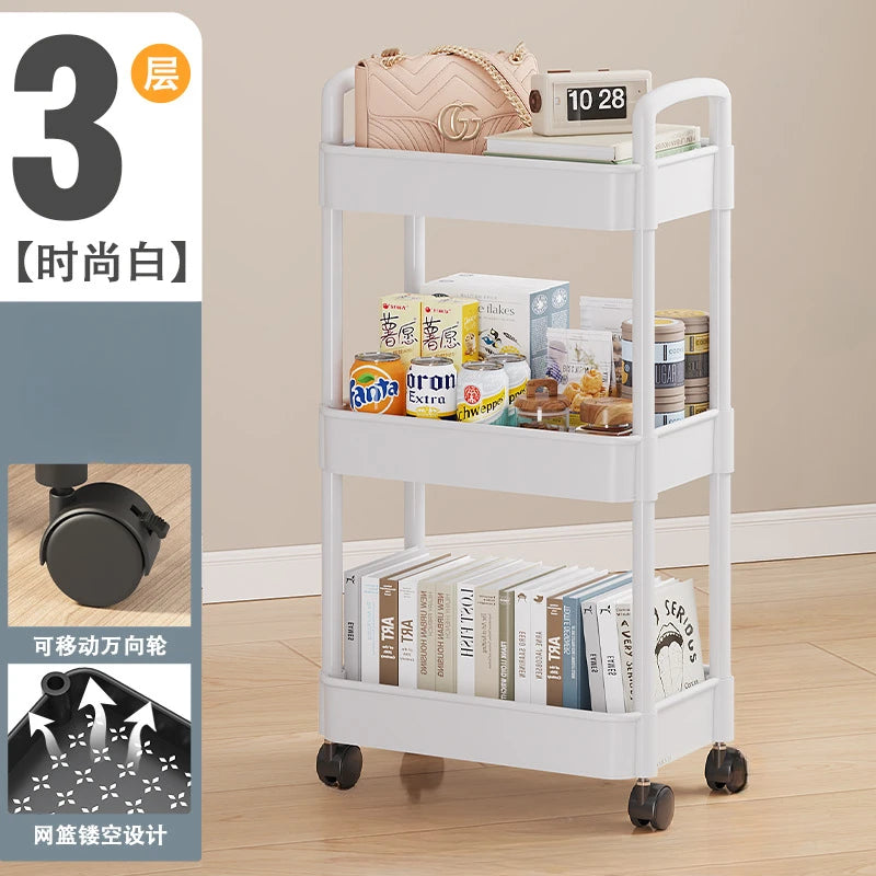 3-5 Tiers Plastic Kitchen Shelves Storage Caddies/4 Wheels/Colors-White/Black
