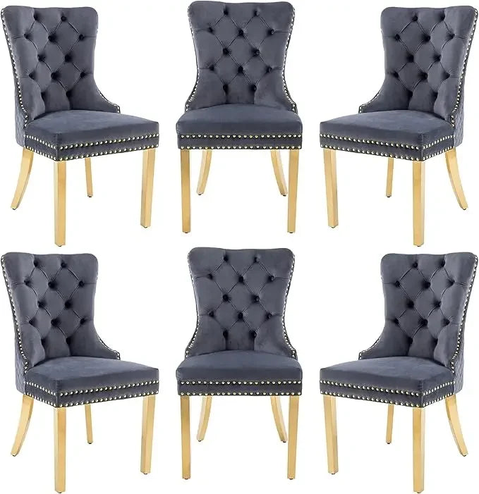 6pcs/ Upholstered Velvet Kitchen Dining Set/ Tufted Legs/ Nail-Head Trim/Colors-White/Blue/Gray/Black