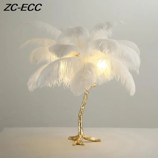 Modern Resin Gold Iron Tree-Like Trunk Base LED Ostrich Feather Up-Down Shade Standing Table Lamps/Colors-White/Pink/Blue/Orange/Black/Gold