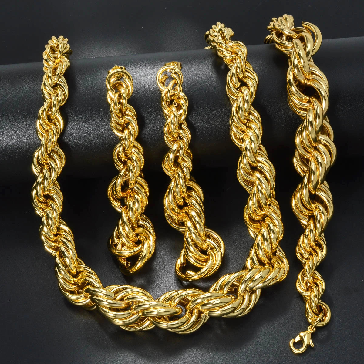 SNY Adults Unisex Fine Imitation Classic Geometric Gold Hip-Hop Punk Copper Metal Fried Dough Twist Interwoven Round Necklace-Bracelet-Big Long Twisted Interwoven Earrings  Jewelry Sets