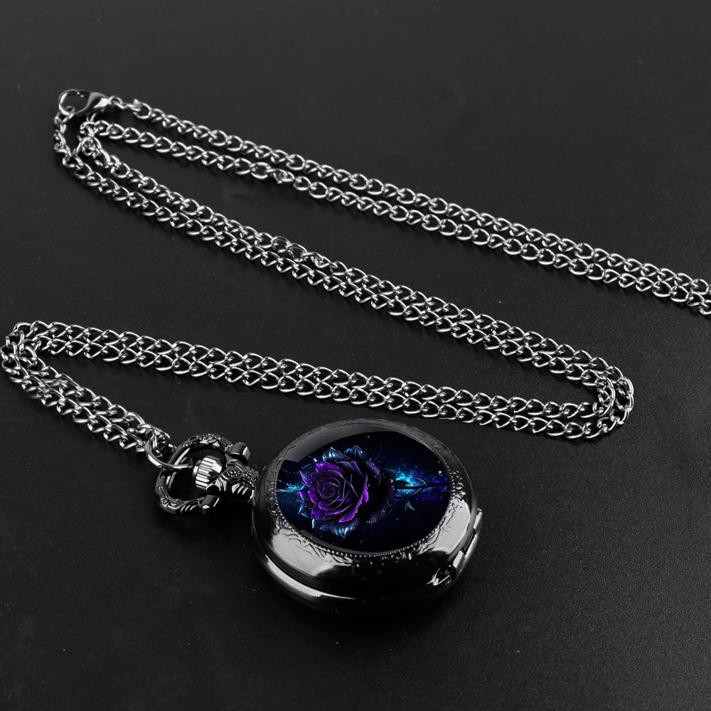 SHUHANG Adults Antique Quartz Digital Display Black Round Shaped Stainless Steel Metal Case Acrylic Face Painted Red Rose Green Leaves Design Black Chain-Pocket Watches