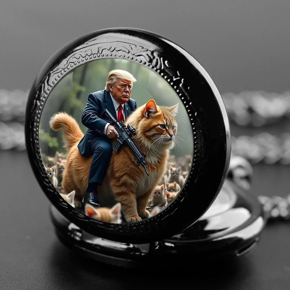 No-EN-Name-Null Adults Antique Quartz Analog Display Acrylic Face Black Metal Alloy Case Humorous Funny Trump Riding Red Tabby Cat-Holding A Automatic Weapon Design Glass Dome Cover The Durable Chain-Pocket Watches/Colors-Gold/Silver/Black/Bronze