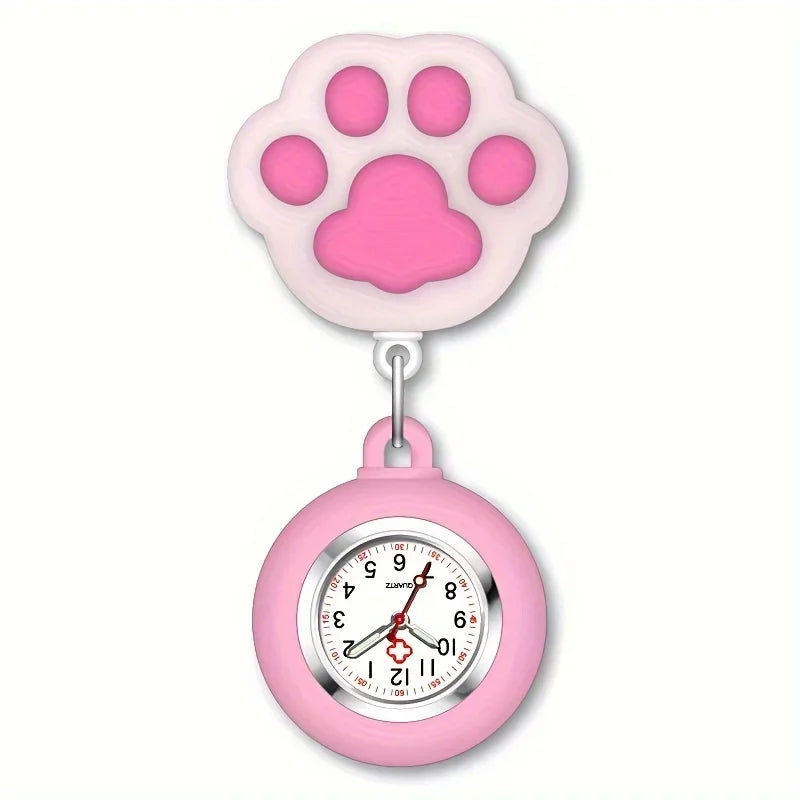 RUNERR Adults Waterproof Quartz Metal Alloy Round Shaped Glass Face Digital-Analog Display Retractable Cute Cartoon Pink Cat Paw Silicone Cover Clip-On Nurse-Doctor-Paramedic Fob Pocket Watches/Colors-Pink/Light Blue/Yellow/White
