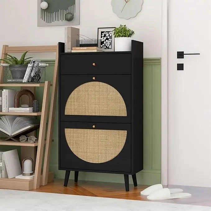 ANGDUO Indoor Beige-Black Natural Rattan 3 Tiers Flip-Out Drawers Free Standing Four Black Metal Feet Shoe Organizers/Product Dimension:9.45"D x 23.6"W x 48.9"H/ Product Weight:41lbs/Assembly Required/Storage Options Also