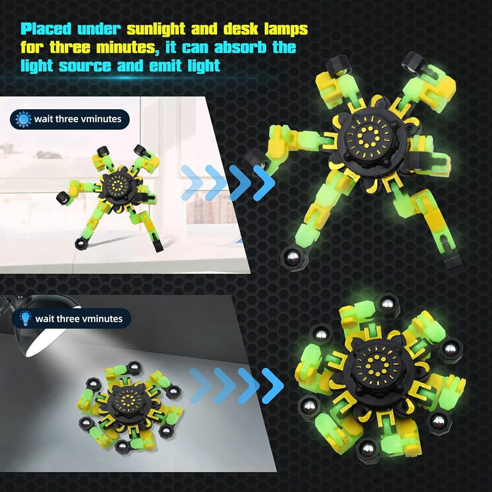 4 PCS Set ABS Plastic Fidget Spinning Top Glow-In-The-Dark Fingertip Funny Multicolor Deformable Robot Toys/ Ages: 13-18 + Years Old Adults/ Colors-Green/Black/Yellow/Multicolor/Striped/Geometric