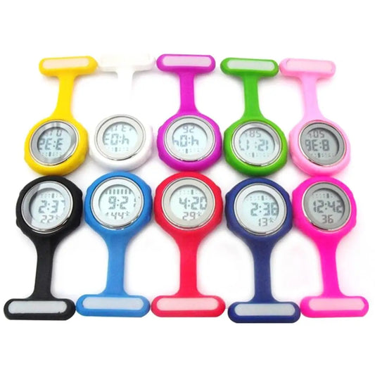 Women Silicone Round Waterproof Digital Dial Clip-On Nurse Fob Electric Battery Pocket Watch/Alarm-Date Display/Colors-Purple/Green/Blue/Yellow/Light Blue/Cyan/Pink/Orange/White/Red/Light Cyan/Purple-Red/Dark Blue