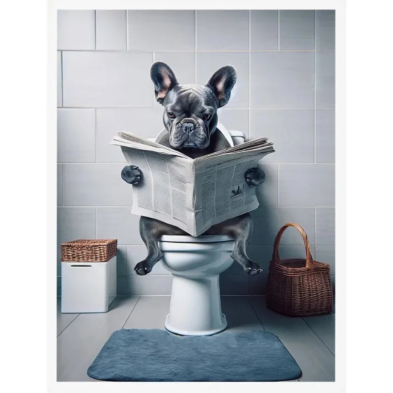 No-EN-Name-Null Modern Waterproof Handprinted Unframed Canvas Rectangle Shaped Abstract Funny Humorous Animals Bathroom Human-Like Sitting On The Toilet Wall Art Prints /Colors-White/Multicolor/Animals/Gray