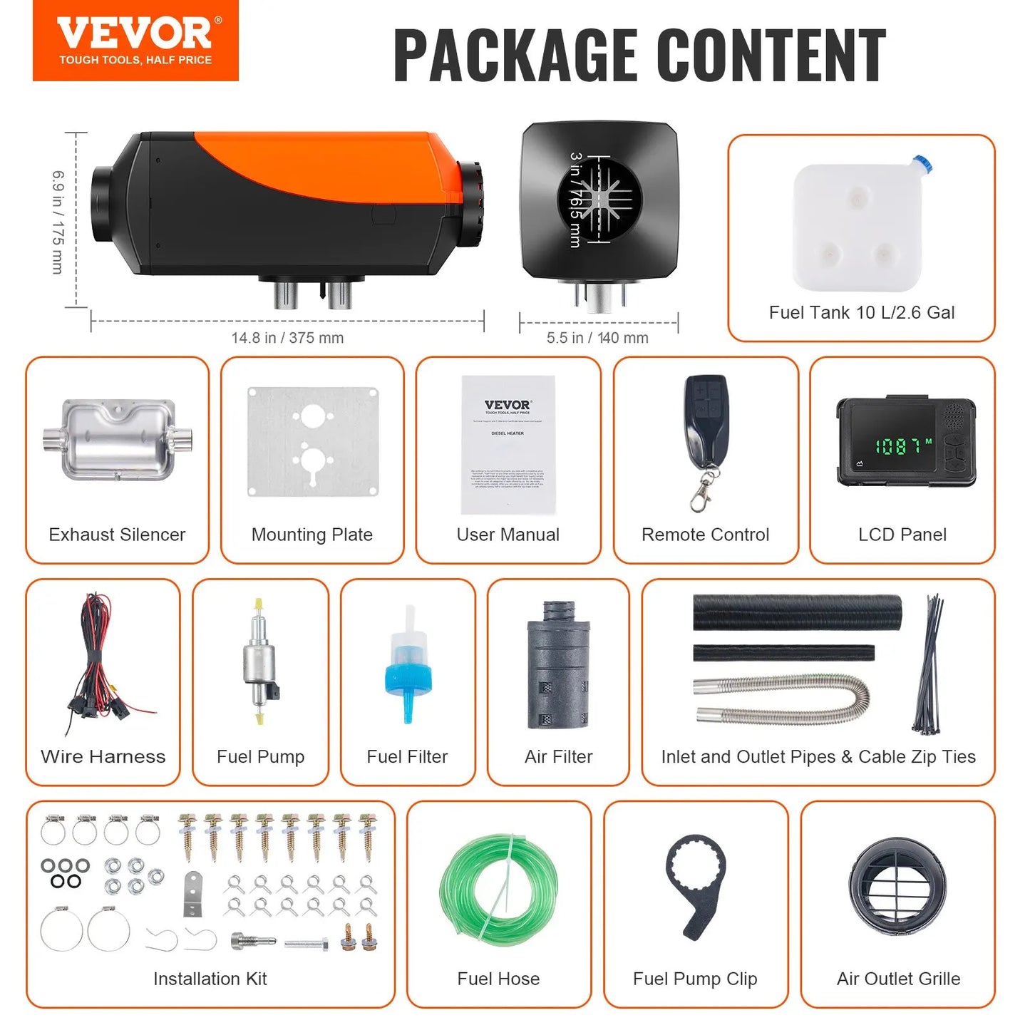 VEVOR Orange-Black Body HD LCD Display Silencer Remote Control Low-Noise DC-Powered 5KW Power Air Diesel Space Heaters