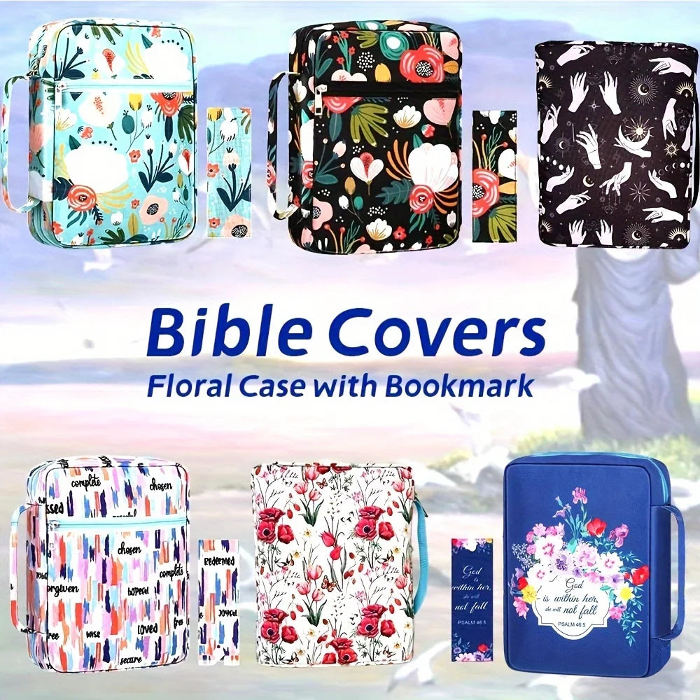 ALL GLORY Soft Handle Blue Floral Design Saying God Is Within Her She Will Not Fall Psalms 46: 5Metal Zippered Internal Pockets Nylon Fabric Polyester Lining Religious Items Bible Cover Cases/Colors-Various Floral Patterns