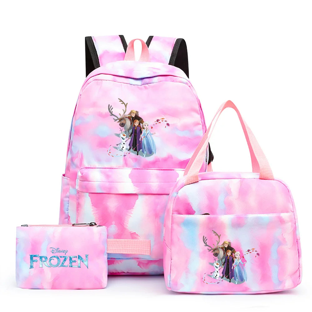 Disney Kids Cute Cartoon Frozen Movie-Elsa-Anna Multicolor Large Waterproof Nylon Fabric Zipper Pockets Shoulder Straps-Handle Single Compartment School Backpacks Sets/ Lunch Bag/Pencil Bag/Colors-Pink/Blue/Multicolor