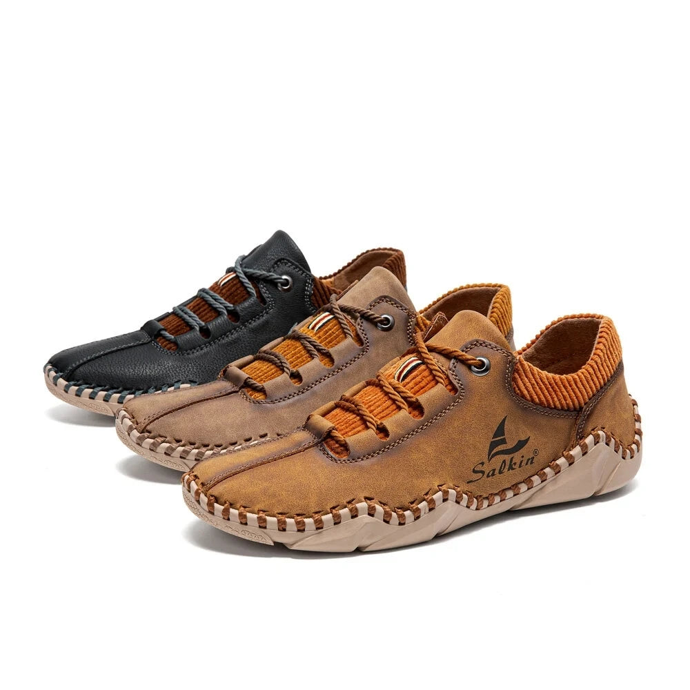 ABFUBER Men Spring-Autumn Brown Handmade Round Toe Lace-Up Breathable Split Leather Moccasins Massage Rubber Outsole Cushioned Flat Loafers /Colors-Brown/Green/Black