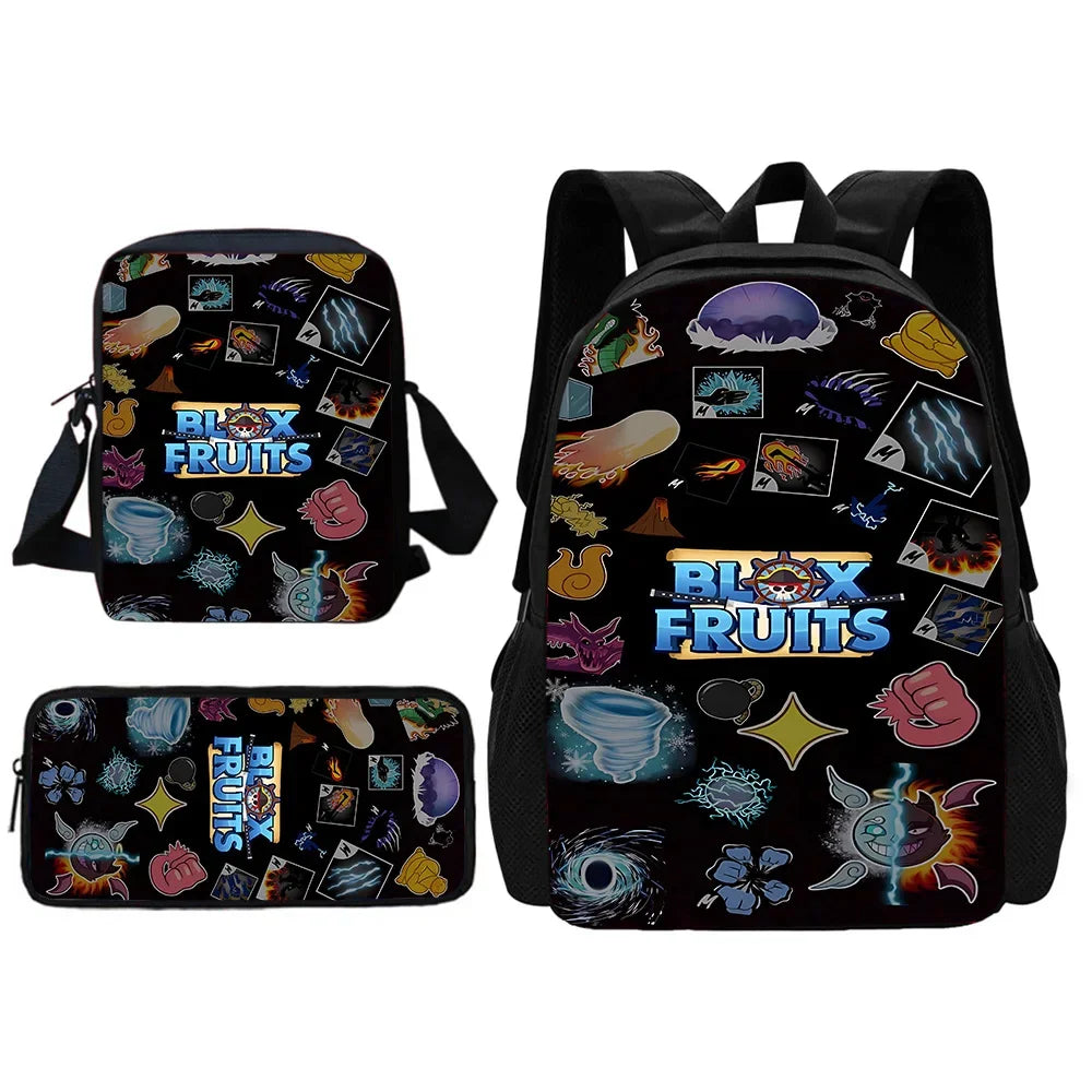 TOPTOY Kids Large Waterproof Multicolor Nylon Fabric Cartoon Smiling Fruit Critters Double Zippers Polyester Lining Shoulder Straps-Handle School Backpacks Sets/Pencil Bags/External Pockets/Colors-Multicolor/Black/Purple