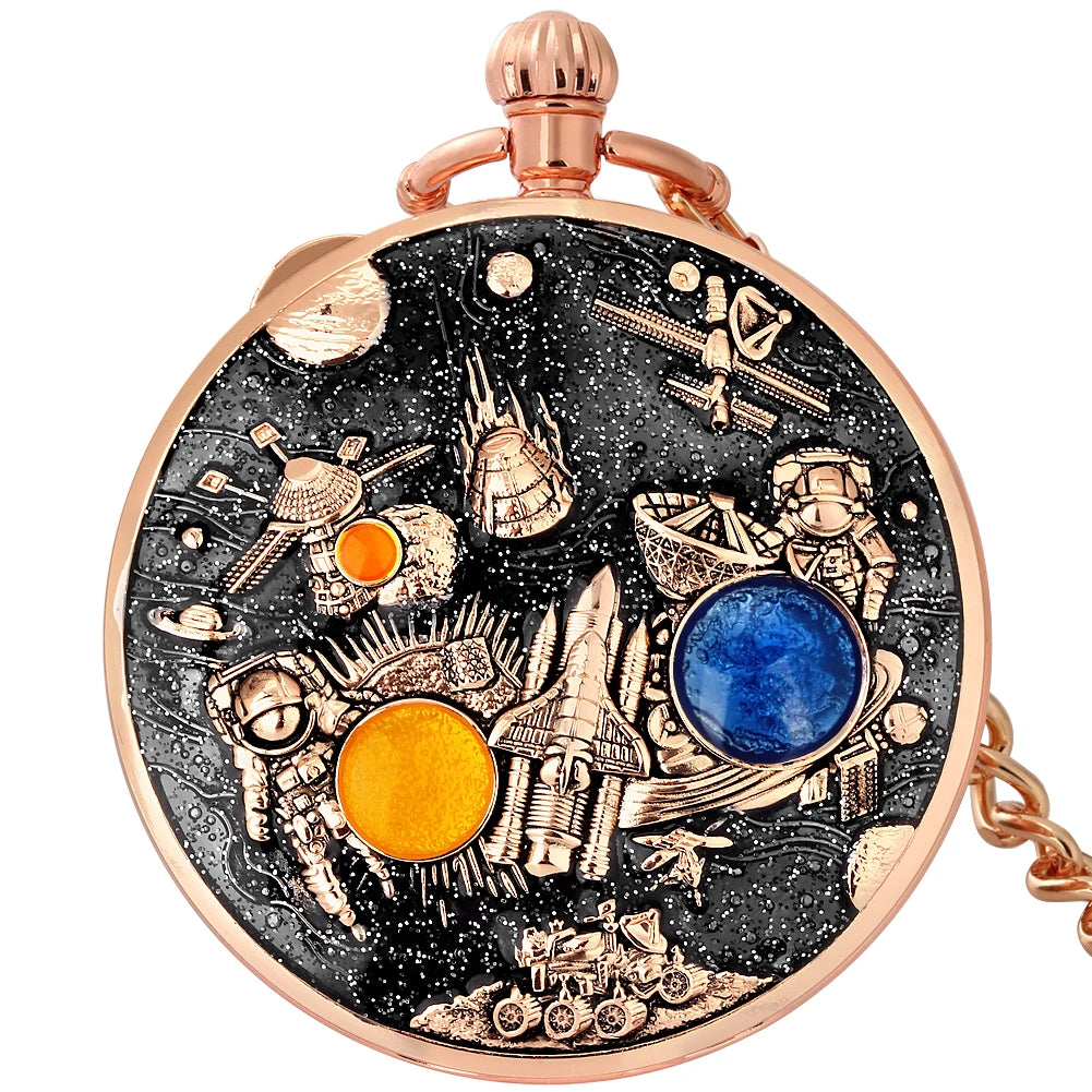 YISUYA Adults Men Quartz Acrylic Face Round Case Analog Display Black Background Gold Planets-Stars-Astronaut-Space Capsule-Shuttle-Satellites-Lunar Roving Vehicle Two Orange-Dark Green Stones Chain-Pocket Watches