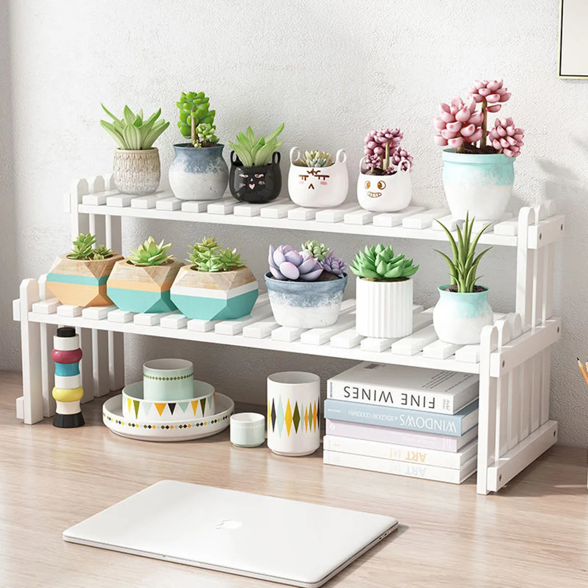 1/2-Tier Multifunction Brown Bamboo Table Top Stand w / 2 Slatted Shelves
