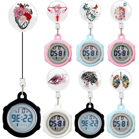 No-EN-Name-Null Waterproof Black Plastic Round Cover Glass Face Digital Display Retractable Printed Floral Anatomical Designs Nurse-Doctor Hanging Metal Alloy Fob Pocket Watches/Colors-Black/White/Pink/Blue