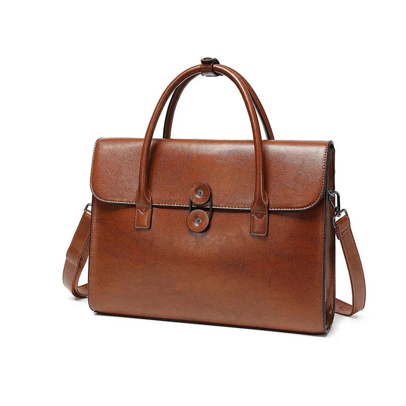 RTRS Women Genuine Brown-Black Cow Leather Built-In 14 Inch Laptop Compartment Internal Padding Hasp Closure Soft Two Carry Handles-Strap Polyester Lining Rectangle Briefcase Handbags/Protective Sleeves Inside/Suitable For 14 Inch Laptop