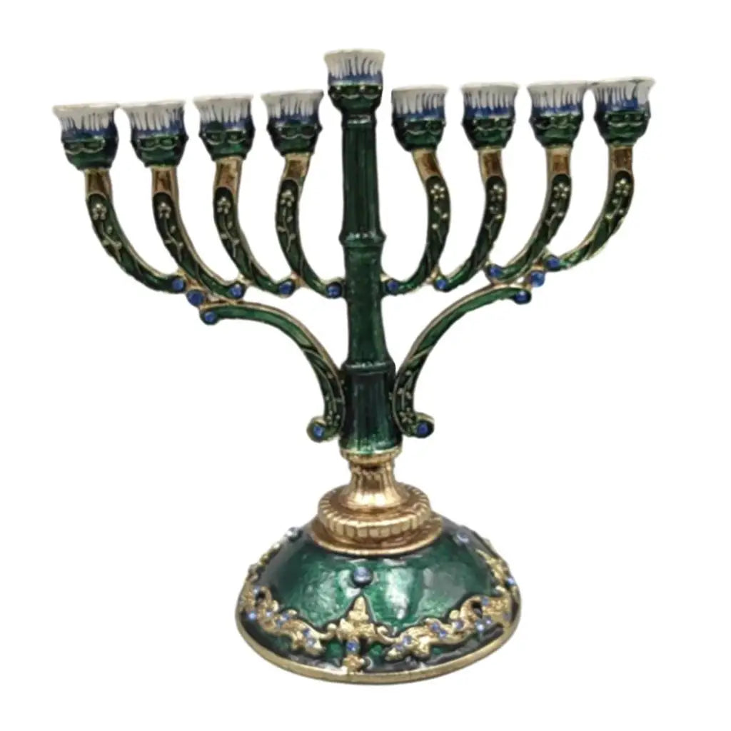 No-EN-Name-Null Antique Hand-Painted Bejeweled Menorah Jewish Nine Floral Branch Enameled Metal Candelabras/Colors-Green/Blue/Floral
