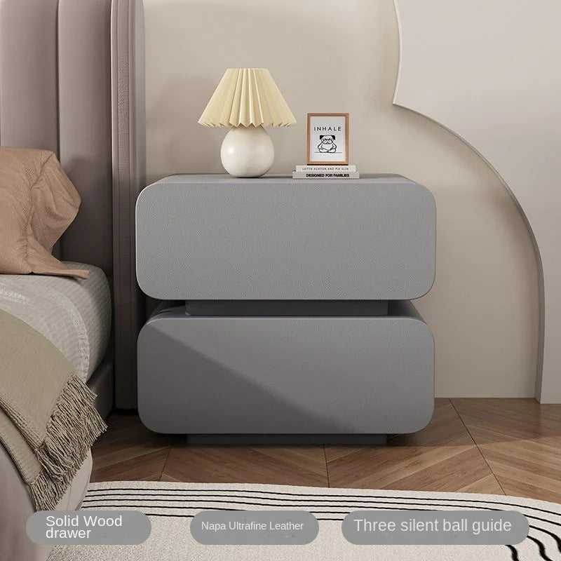 GUIG Modern Soft Microfiber Leather Abrasion-Scratch Resistant Curved Square Shaped Cream White Solid Wood Hidden Handles Two Drawers Nightstands/Colors-White/Dark Gray/Light Gray