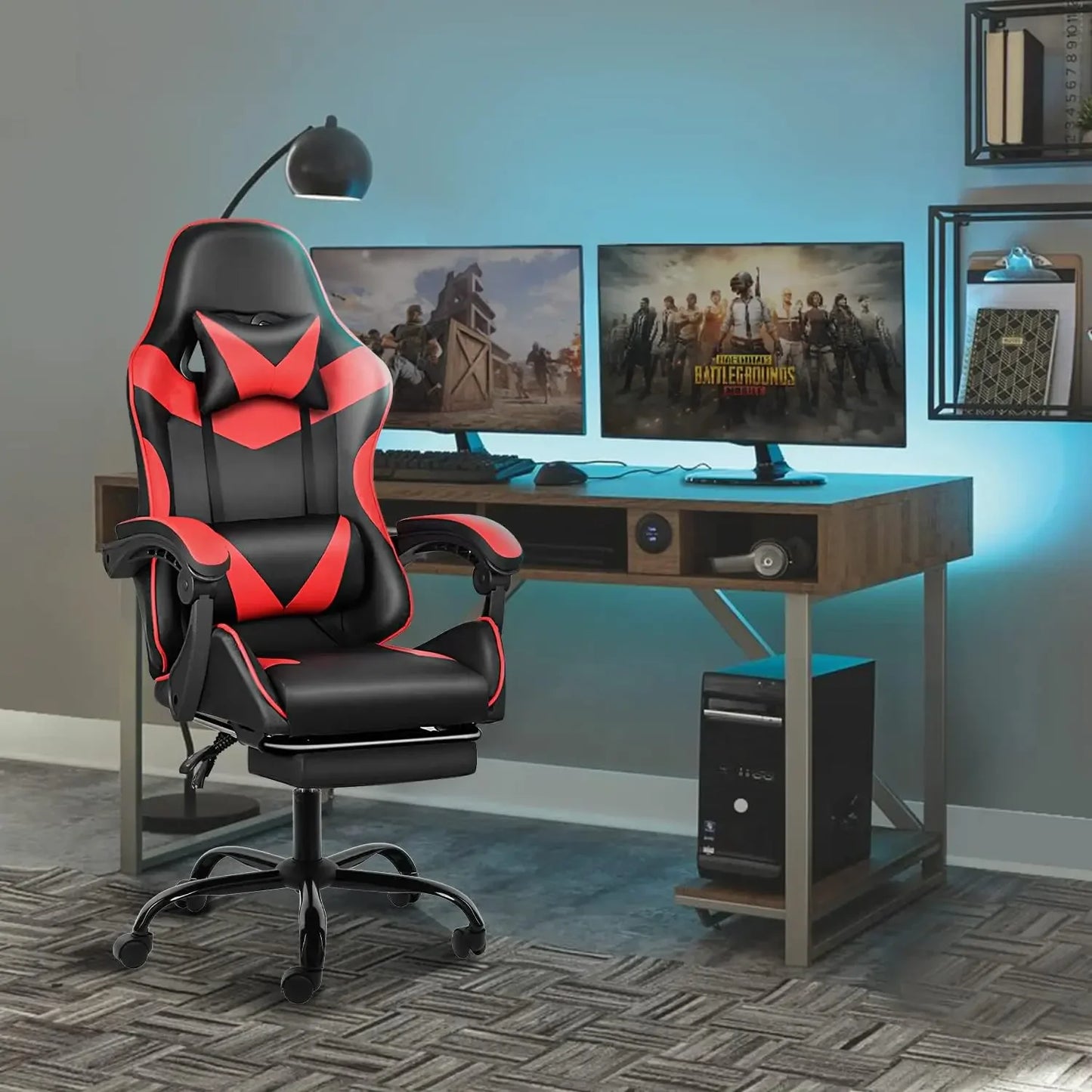 XMSJ Upholstered Padding Faux Leather Black-Red Body Retractable Footrest Customized Adjustable Height-Lumbar Support Gaming Chairs/ Neck Pillow Included