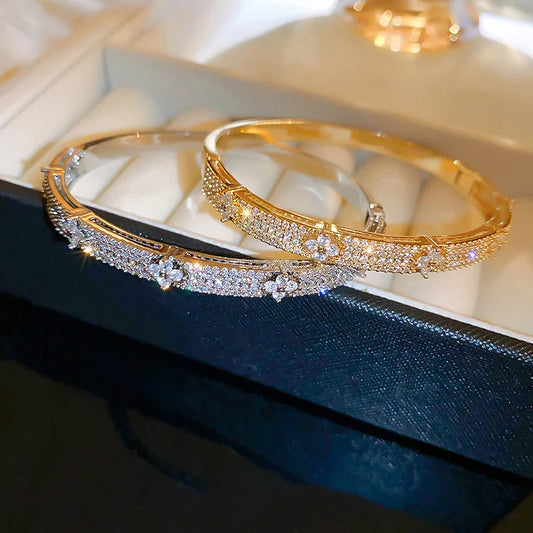 ANENJERY Imitation Women Gold Plated Copper Mood Tracker French Floral Four Leaf Clover Inlaid Shiny Zircon Bangle Bracelets