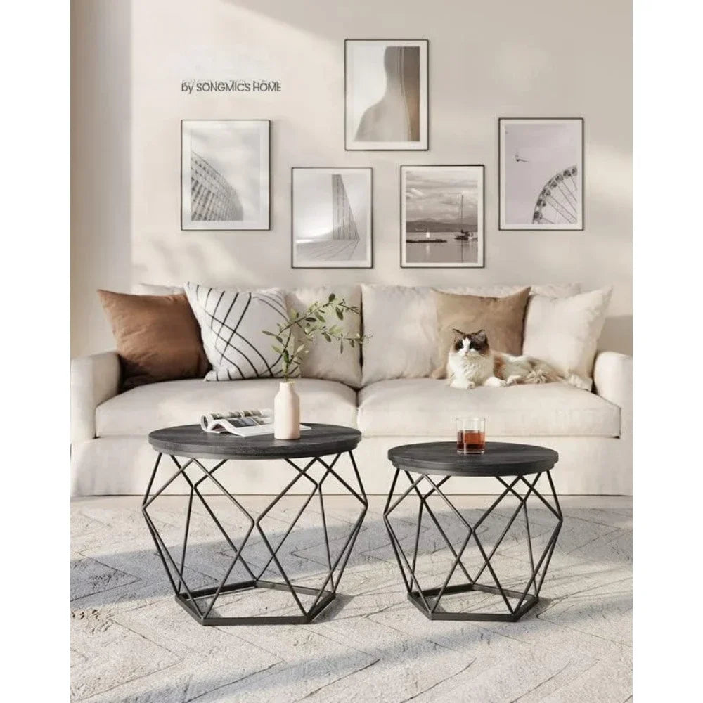 No-EN-Name-Null 2 PCS Rustic Brown Round Wood Top Steel Frame Coffee Table Sets/Colors-Rustic Brown-Black Base/Charcoal Gray-Black Base/White Marble-Black Base/Beige-Black Base/Size:( Large Size) 19.7cm W x 15.7cm H/( Small Size) 15.7cm W x 14.2cm H