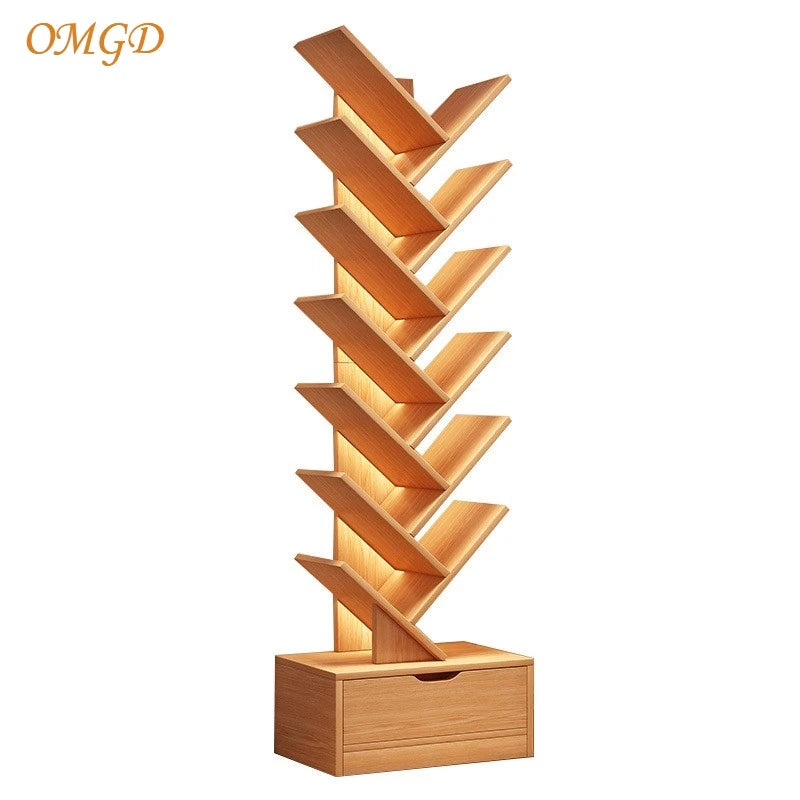 OMGD Modern Brown Wood-Panels One Drawer Box Base Free-Standing Living Room Small Tree-Like Shelves-Ladder Bookcases/Colors-Blue/Brown/White