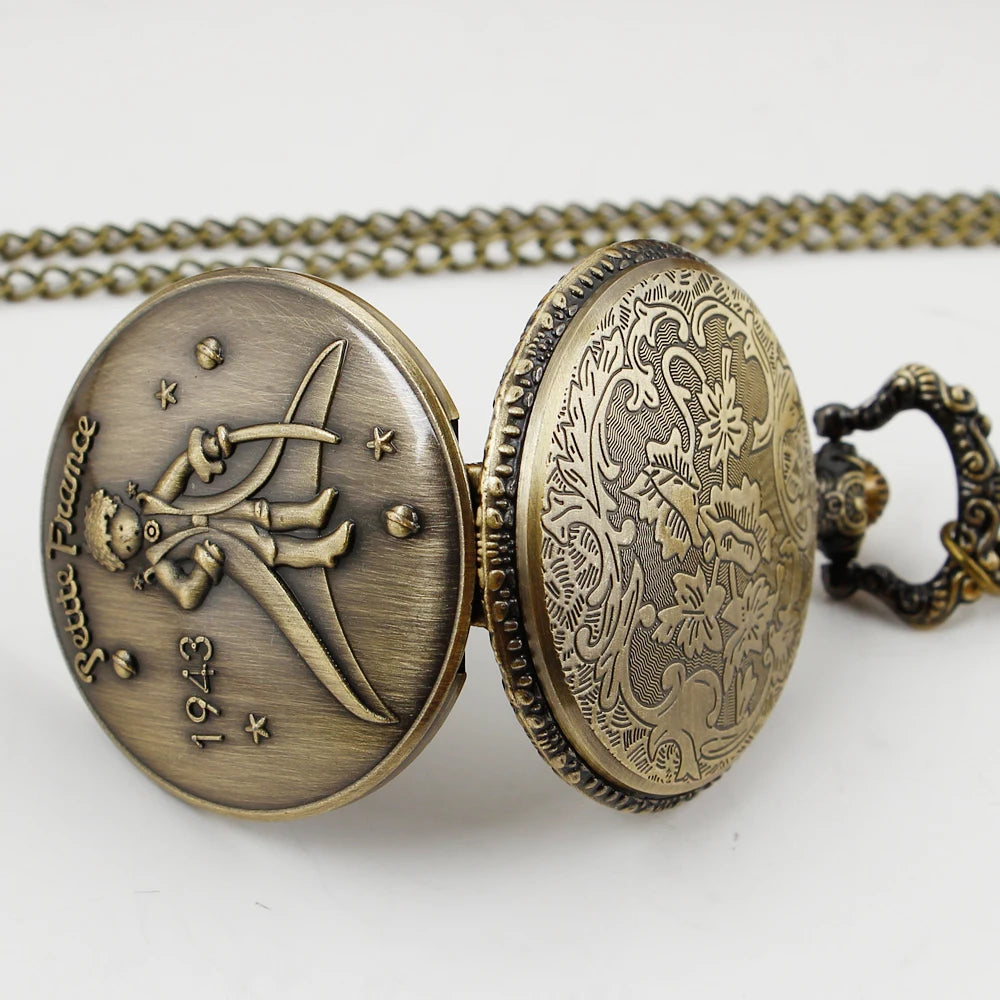 SHUHANG Adults Quartz Analog Display Antique Brown-Bronze Round Shaped Metal Alloy Case Acrylic Face Arabic Numeral Engraved Petite France 1943 Year-Night Sky-Stars-Planets Background Little Boy Holding A Sword In His Hand Design Chain-Pocket Watches