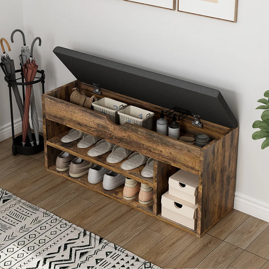 Anne-Fish Entryway 2-Tier Padded Cushion Seat Shoe Storage Bench w/2 Drawers/Colors-White/Brown