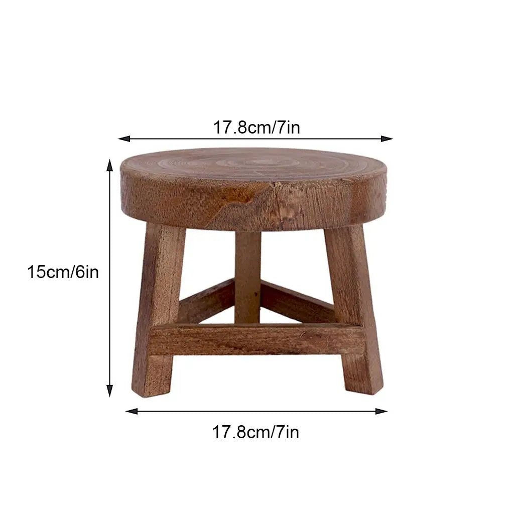 No-EN-Name-Null Countryside Old Antique Backless Smooth Round Shaped Small Hard Flat Seat Top-Brown Solid Tung Wood Triangle Shaped-3 Legs Base Frame Plant Supports