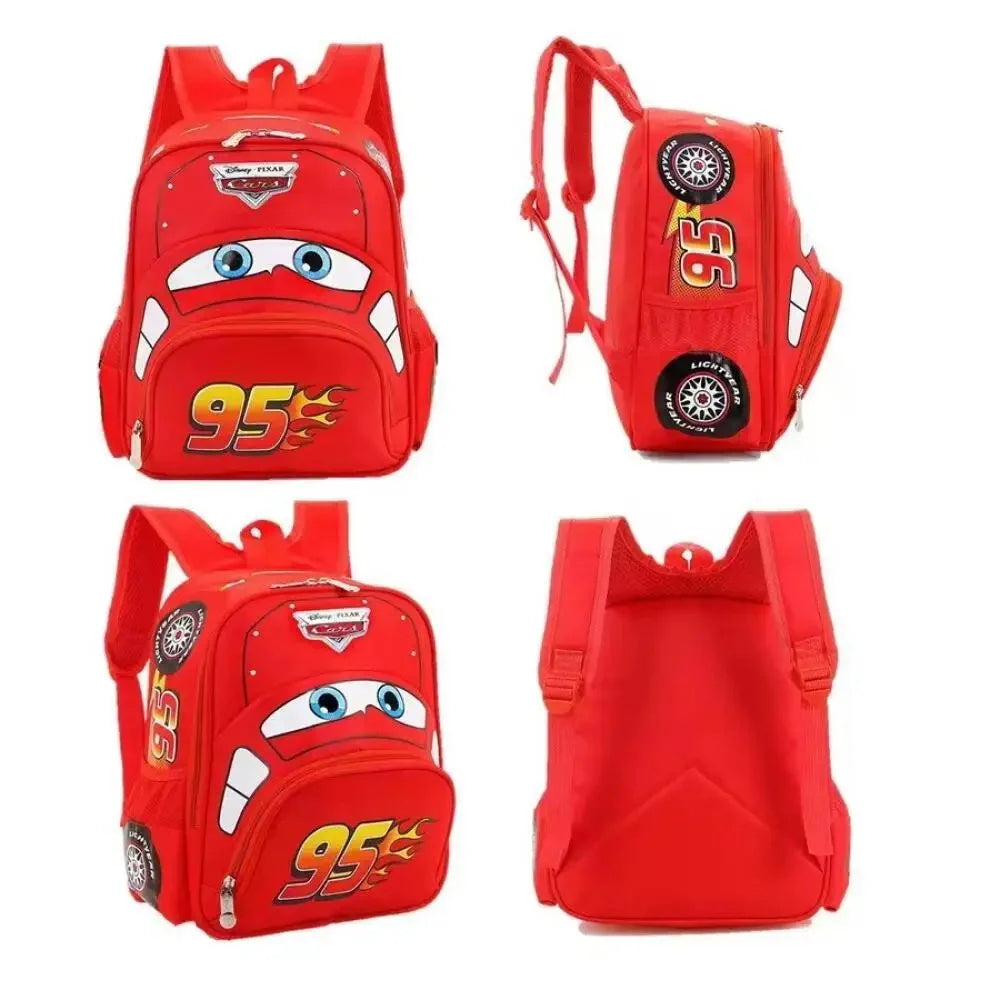 MINISO Kids Kindergarten Cute Cartoon Disney CARS Movies-TV Design Double Zippers Anti-Splashing Waterproof Red-Blue Nylon Fabric Shoulder Straps Exterior Pockets Side Water Bottle Holder School Backpacks