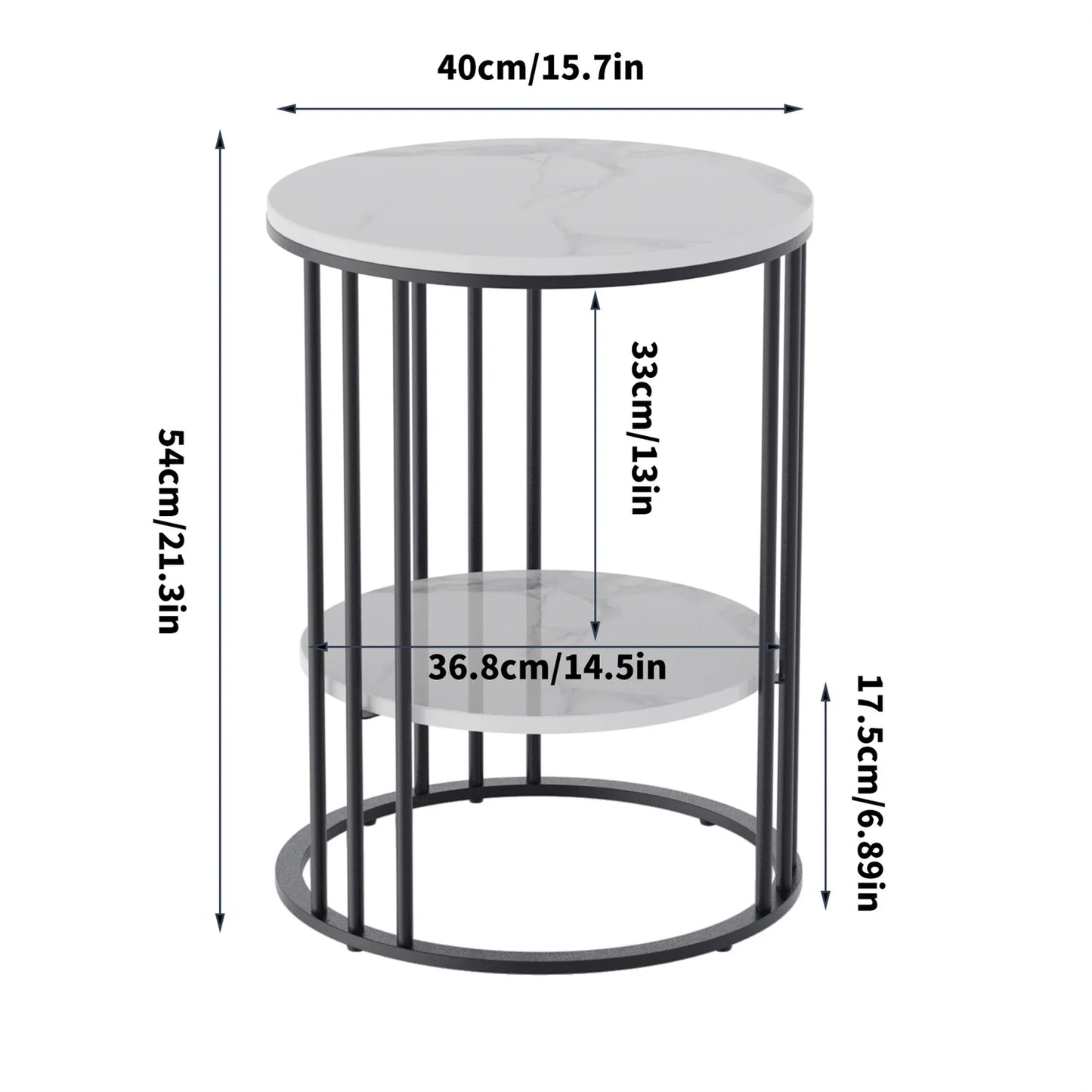 WISFOR Modern Two-Tiers Morocco White Round Shaped Marble Tops-Black Metal Frame Side End Tables