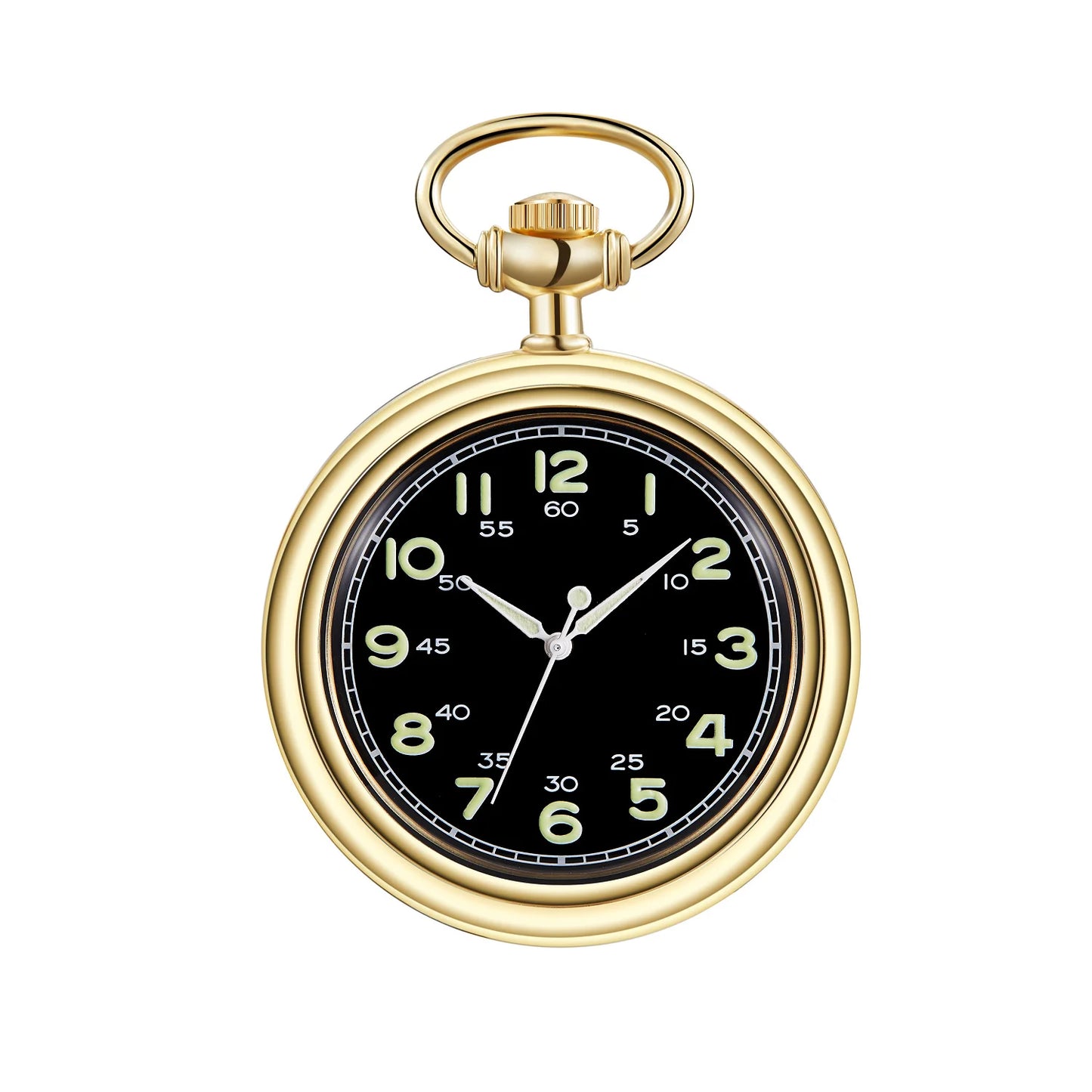 GORBEN Adults Gold Metal Alloy Round Hollow Open Face Arabic Numerals Luminous Hand Wind Black Face Glowing-In-Dark Numbers Pendant Chain-Pocket Watches/Colors-Black/Silver/Gold/Optional: With Wood Box-Without