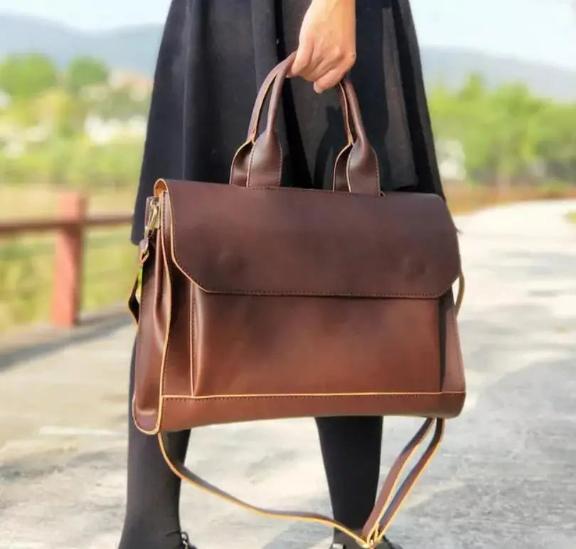 No-EN-Name-Null Women Modern Brown Rectangle Shaped Hard Faux Leather Metal Zipper A4 File Document Bag Polyester Lining Built-In 14 Inch Laptop Compartment One Shoulder Soft Straps-Two Soft Handles Business Briefcases/ Colors-Black/Brown/Gray