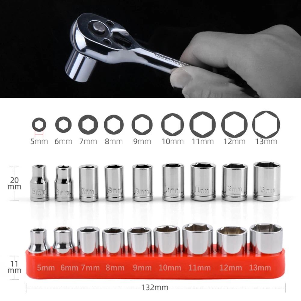 9 PCS Silver Colored Carbon Steel 1/4 Inch Drive-Hex Sockets-Bits Metric Wrench Head Nut Combination Sets/Colors-Silver/Red/Multicolor