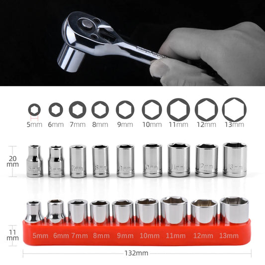 9 PCS Silver Colored Carbon Steel 1/4 Inch Drive-Hex Sockets-Bits Metric Wrench Head Nut Combination Sets/Colors-Silver/Red/Multicolor