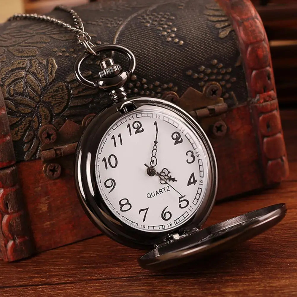 SANWOOD Adults Vintage Quartz Movement Analog Display Plastic Window Black-Silver-Gold Round Shaped Case Flip-Out Metal Chain-Pocket Watches/Colors-Black/Gold/Silver
