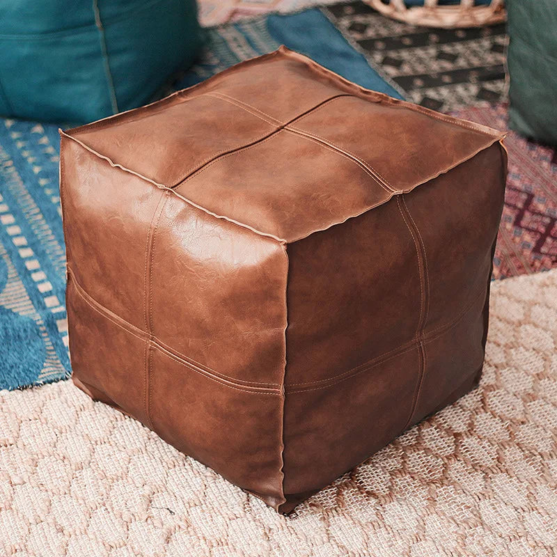 No-EN-Name-Null Modern Moroccan Square Cotton-Polyester-Feathers Fillers Synthetic Faux Leather Upholstery Removable Ottoman Pouf COVERS /Colors-Brown/Green/Gray/Blue/Geometric