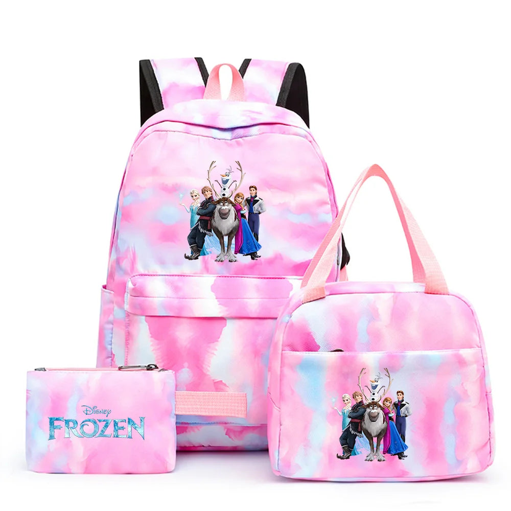 Disney Kids Cute Cartoon Frozen Movie-Elsa-Anna Multicolor Large Waterproof Nylon Fabric Zipper Pockets Shoulder Straps-Handle Single Compartment School Backpacks Sets/ Lunch Bag/Pencil Bag/Colors-Pink/Blue/Multicolor
