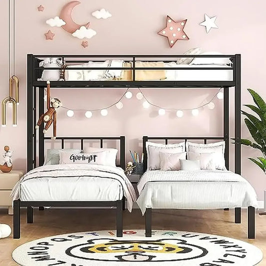 DUTRIEUX Kids Black Three Twin Mattress Metal Powder Coated Frame Bunk Beds/ Sturdy Built-In Ladder/Full-Length Upper Safety Guardrails/Detachable Bunk Beds