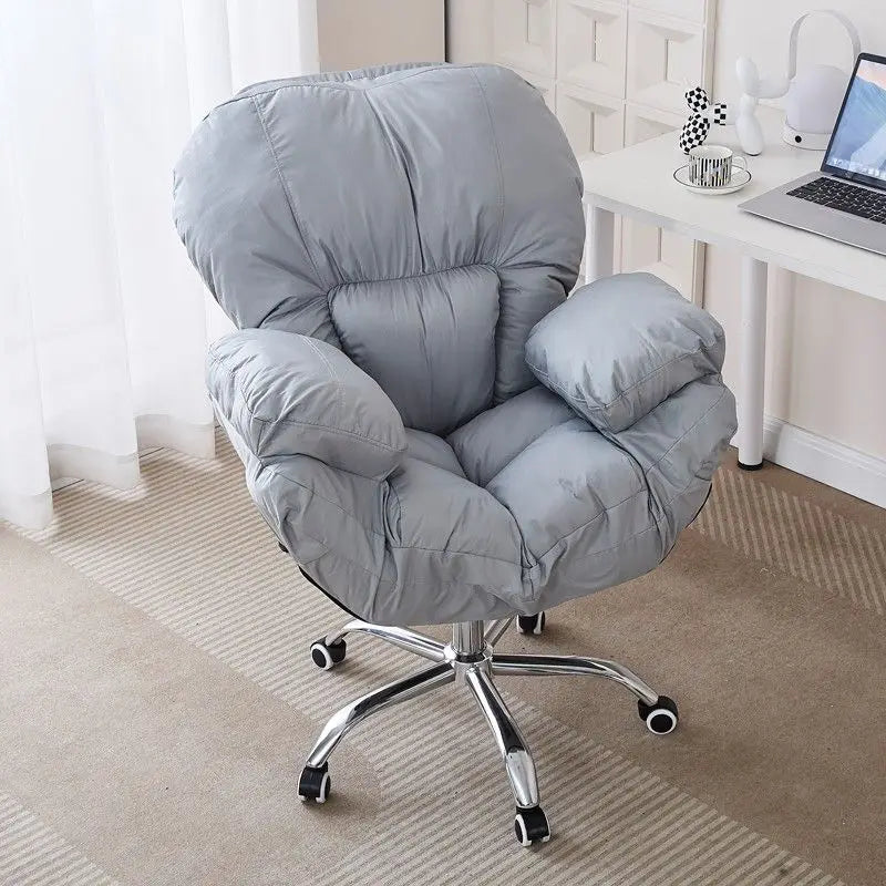 No-EN-Name-Null Mahjong Beige Upholstered Soft Plush Comfortable Fabric Adjustable Rotating Armed Five-Point Metal Four Roller Wheels Base Computer Office Chairs/Pull-Out Footrest/ Colors-Gray/Pink/White/Blue/Beige