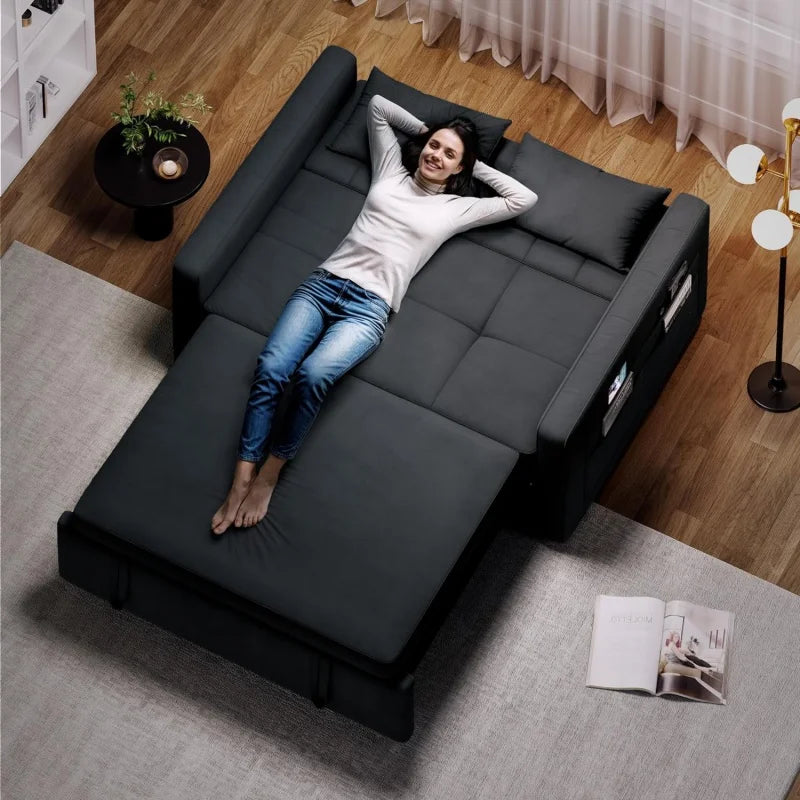 YUJINGXI Indoor Black Modern Morocco Medium Firmness 3-in-1 Sleeper Pull-Out Adjustable Backrest Soft Plush Velvet Fabric Cushions Side Pocket Futon Couches/Colors-Gray/Beige/Black