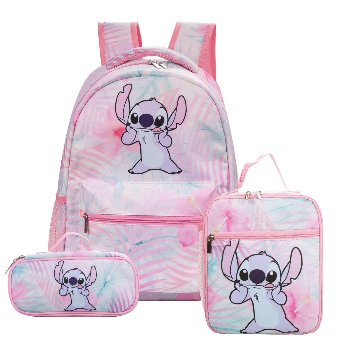 Disney Kids Large 3 PCS Cute Cartoon Stitch Movies-TV Theme Design Pink Polyester Fabric  Shoulder Straps-Handle Zipper Pockets School Backpacks Sets/Pencil Case/Small Accessory Bag/Colors-Multicolor/Pink/Blue