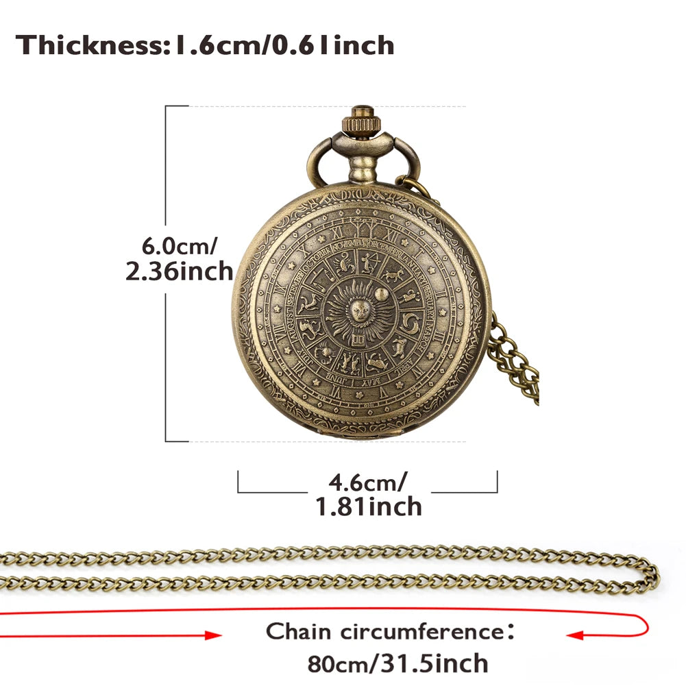 YISUYA Adults Antique Bronze Quartz Analog Display Acrylic Face 12 Constellations-Zodiac Signs Design Metal Alloy Round Shaped Case White Face Black Numbers Bronze Pendant Chain-Pocket Watches