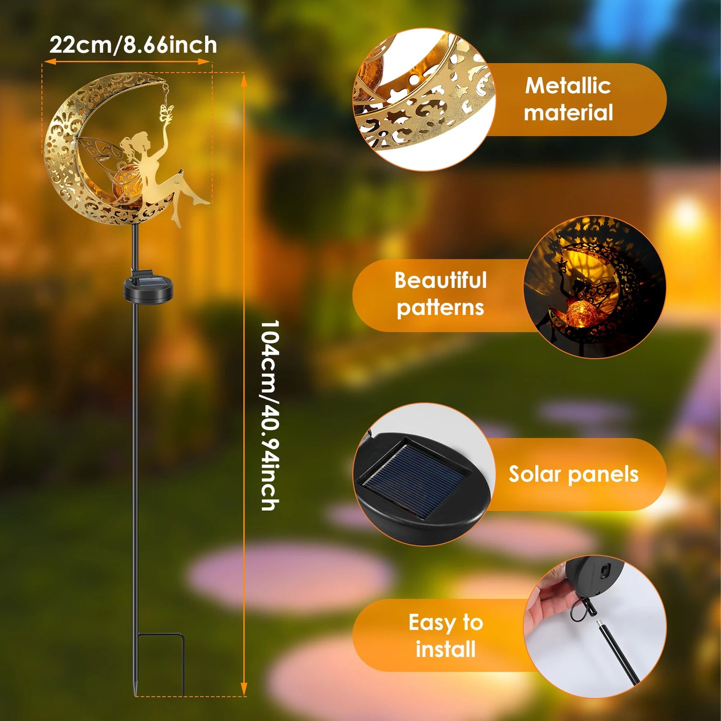 No-EN-Name-Null Outdoor Solar-Powered Fairy Sitting On A Half Moon-Stars Pattern LED Light Iron Metal Body Garden Landscape Pathway Lighting