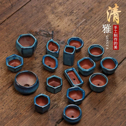 No-EN-Name-Null Indoor Mini Handmade Glazed Blue-Brown-Purple Ceramic-Purple Clay Succulent Multi-Shaped Thumb Flower Pots